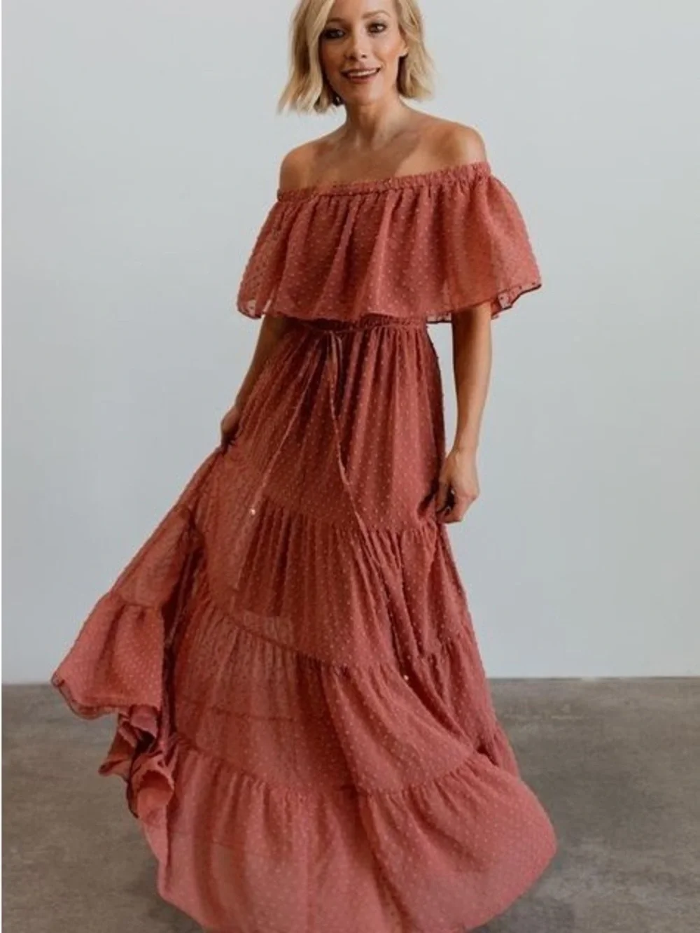 Baltic Born Off-Shoulder Rusty Rose Maxi Dress